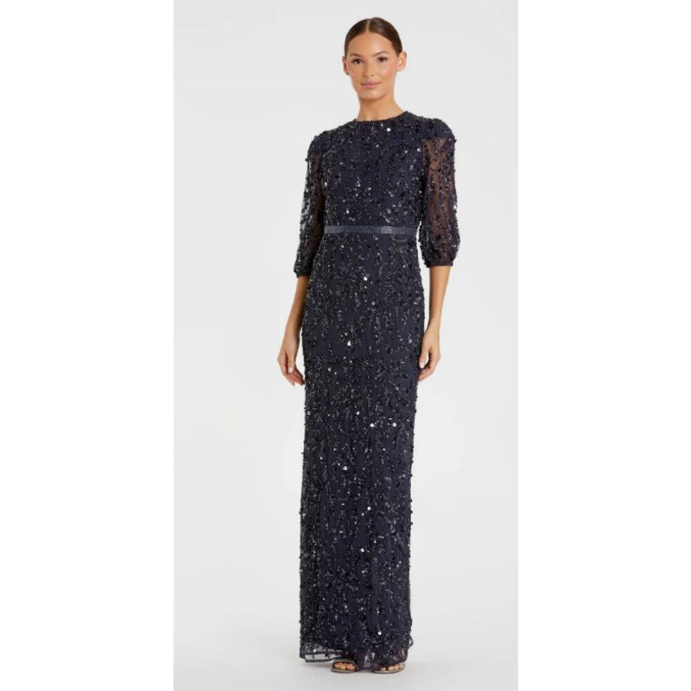 Mac Duggal 93790 Sequined Elbow Sleeve Embellished Gown Midnight Blue 8 NEW $598